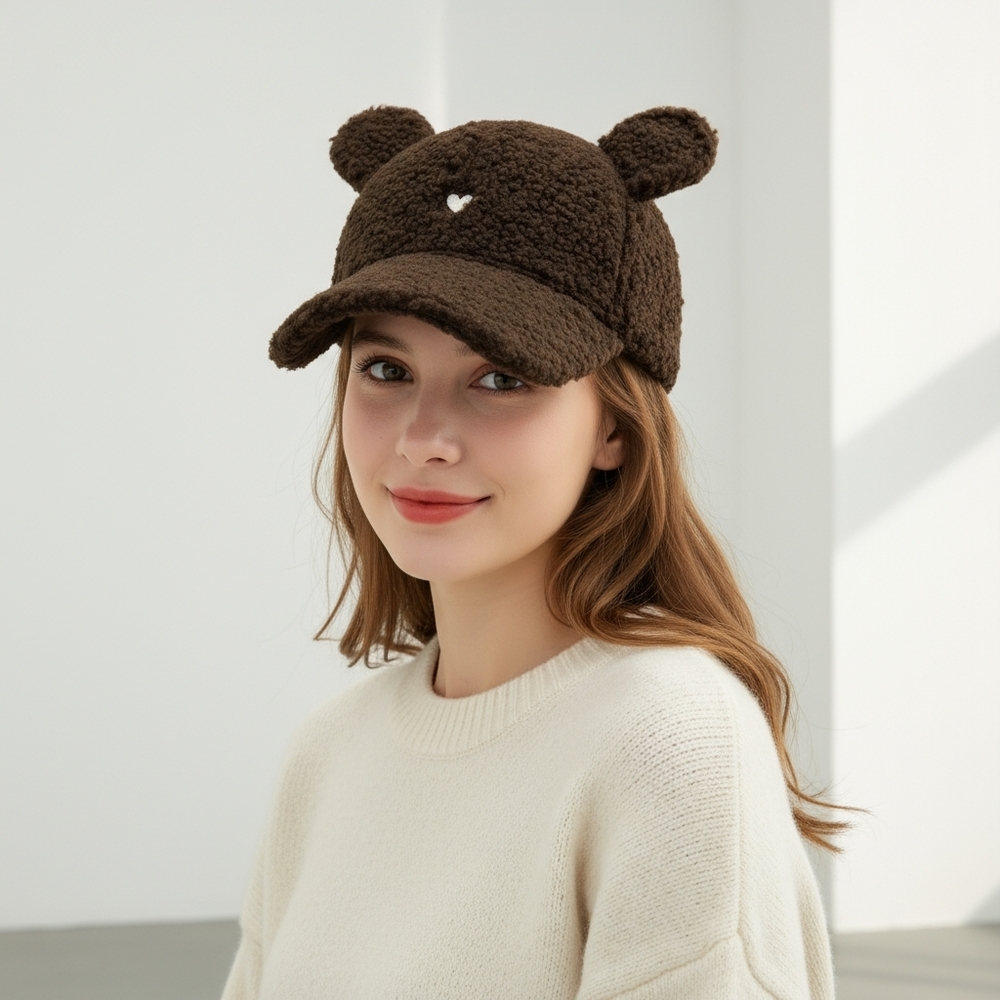 Plush Faux Lambswool Fur Teddy Hat Embroidered Heart Tall Ears Adjustable Cap